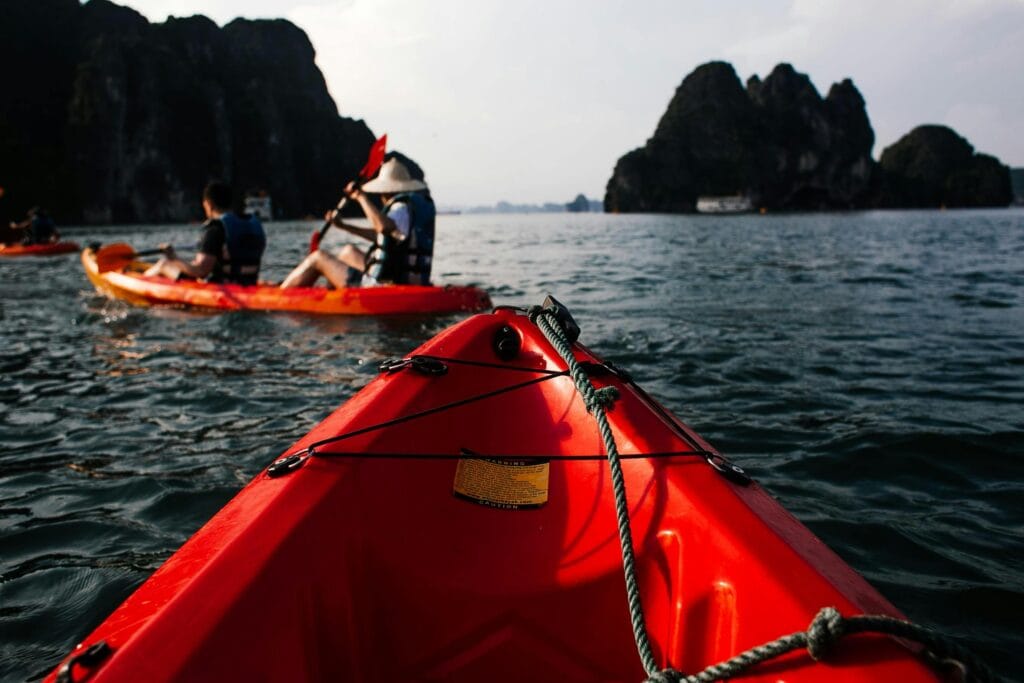 a kayak floating on a river