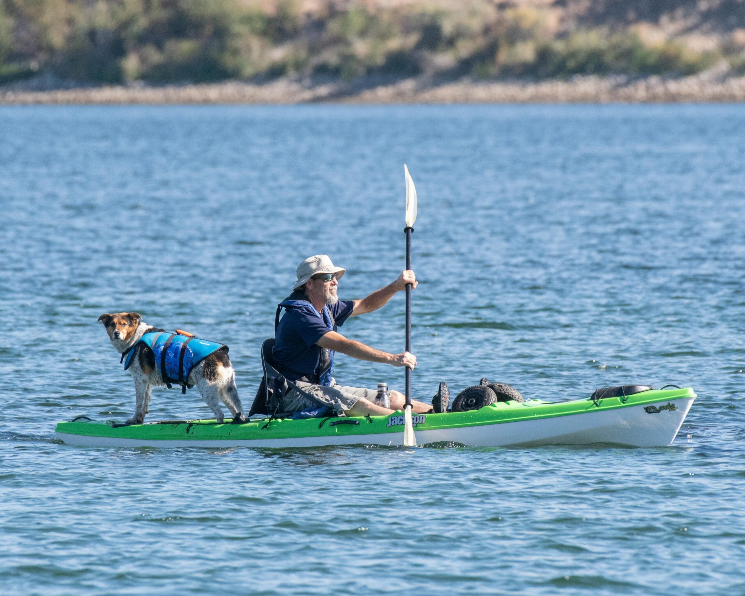 a man kayaking with his dog